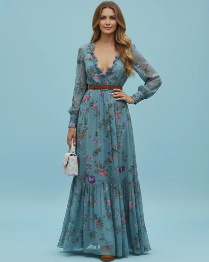 Damen Maxikleid Niedriger V-Ausschnitt Langarm Norvielle