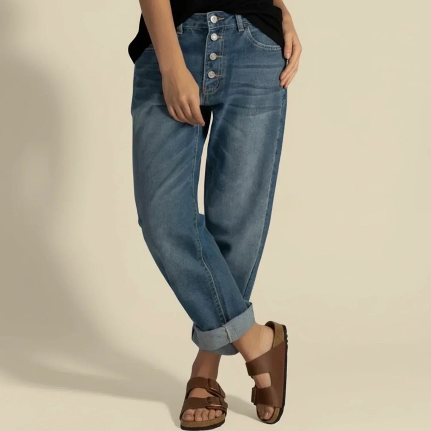 Damen High-Waisted Jeans Knopfleiste