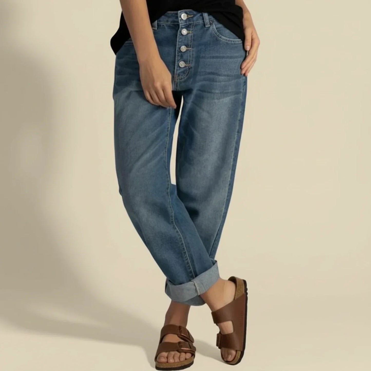 Damen Highwaist Jeans Mit Knopfleiste