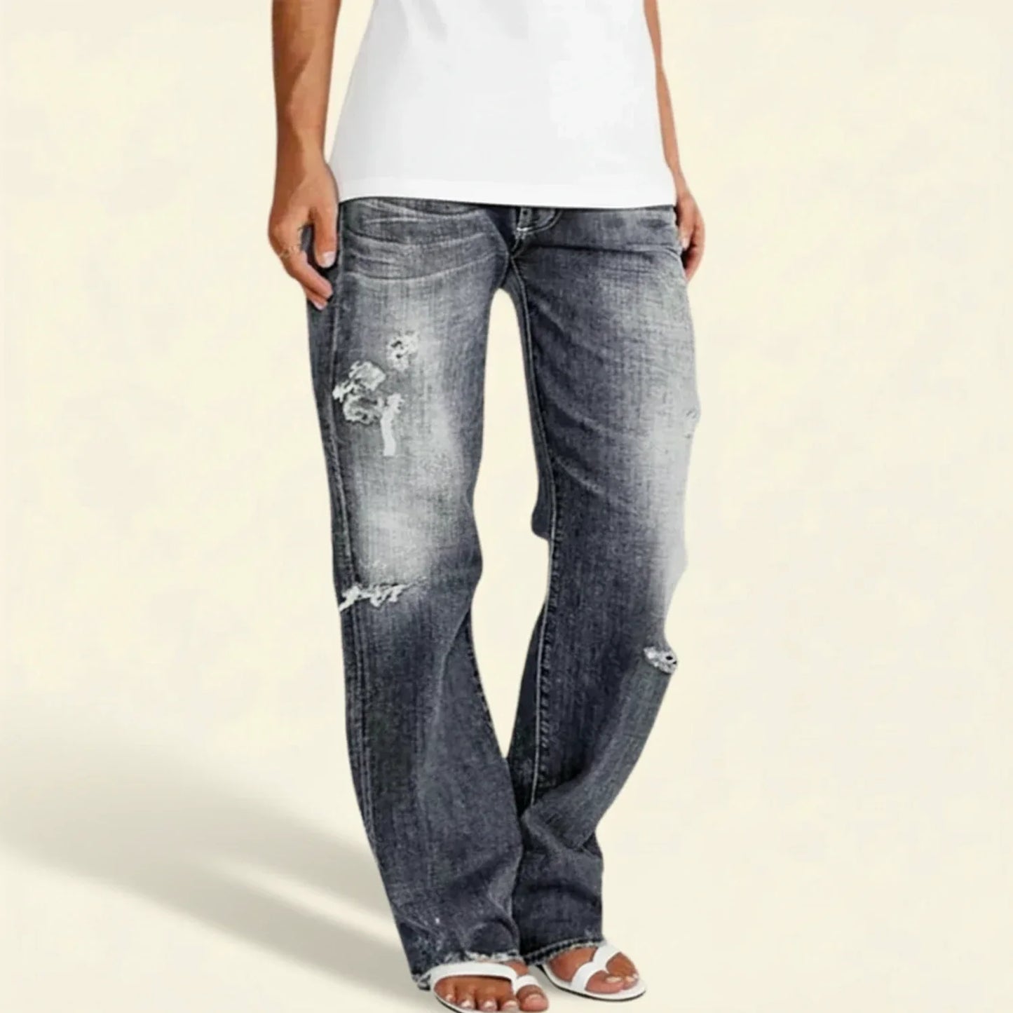 Damen Jeans Hohe Taille Gerades Bein Used Look