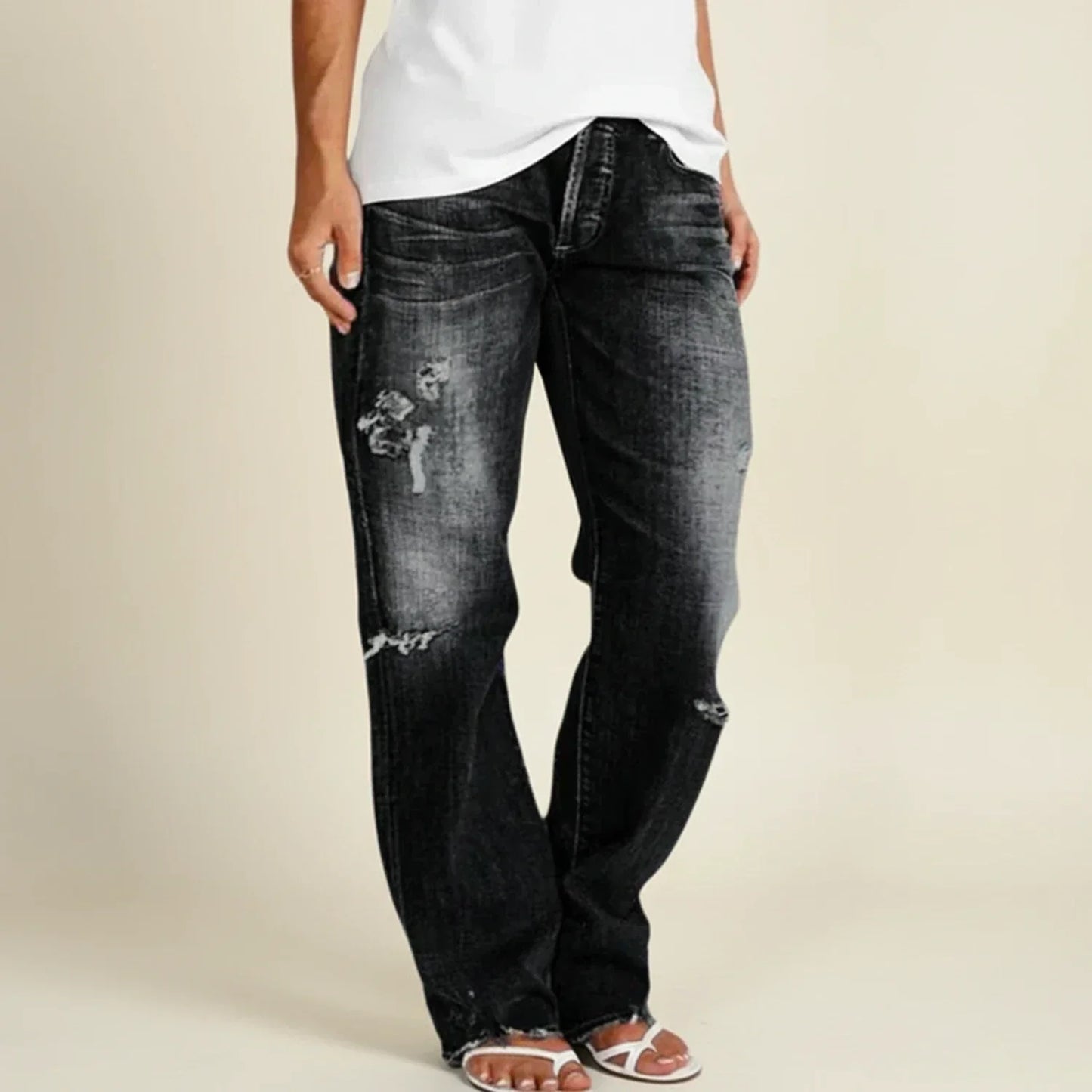 Damen Jeans Hohe Taille Gerades Bein Used Look