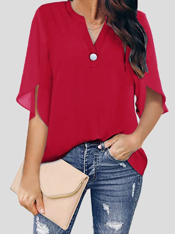 Damen Chiffon Bluse Lässig V-Ausschnitt Kurzarm Blume Farben - Norvielle