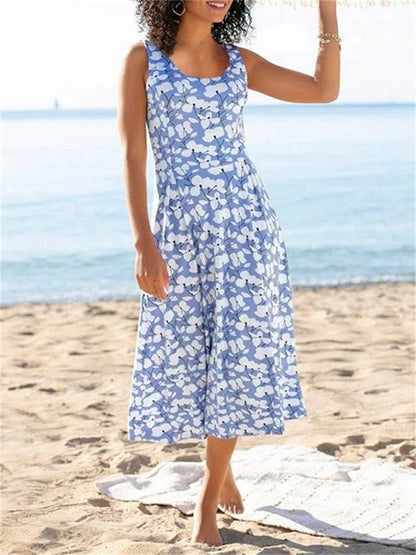 Norvielle Damen Ärmelloses Kleid Blumengemustert Rundhals