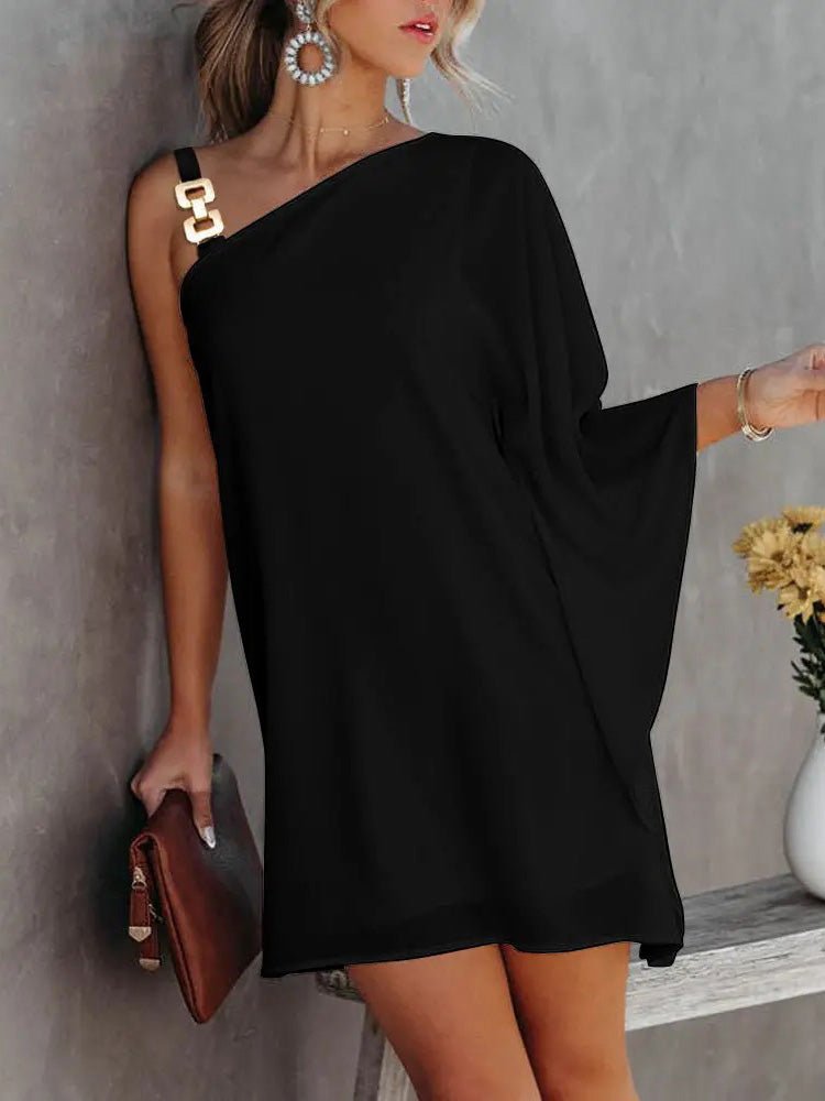 Damen Off-Shoulder Kleid Metallträger Puppenärmel Schwarz - Norvielle