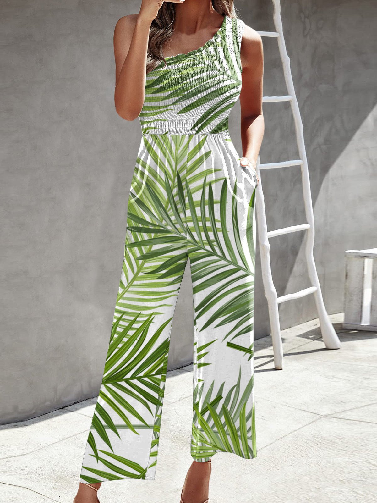 Damen Jumpsuit Ein Schulter Breite Bein Gedruckt
