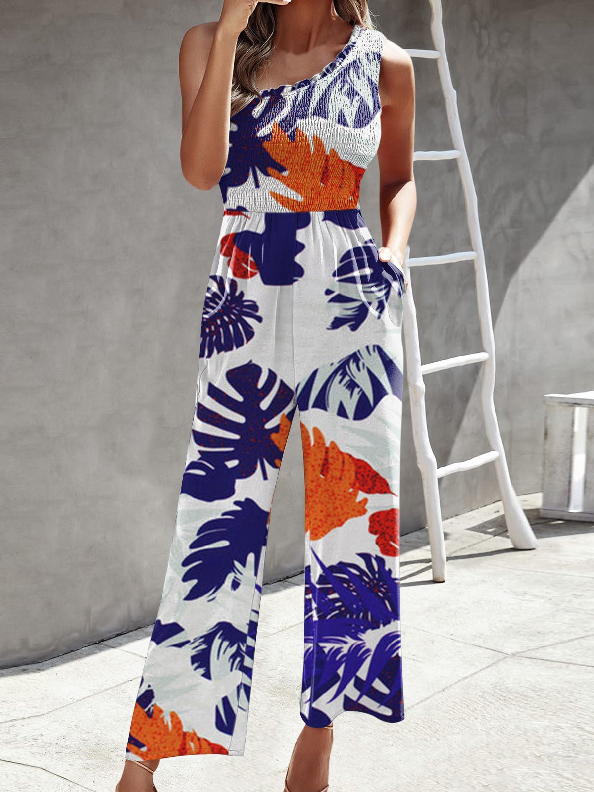Damen Jumpsuit Ein Schulter Breite Bein Gedruckt