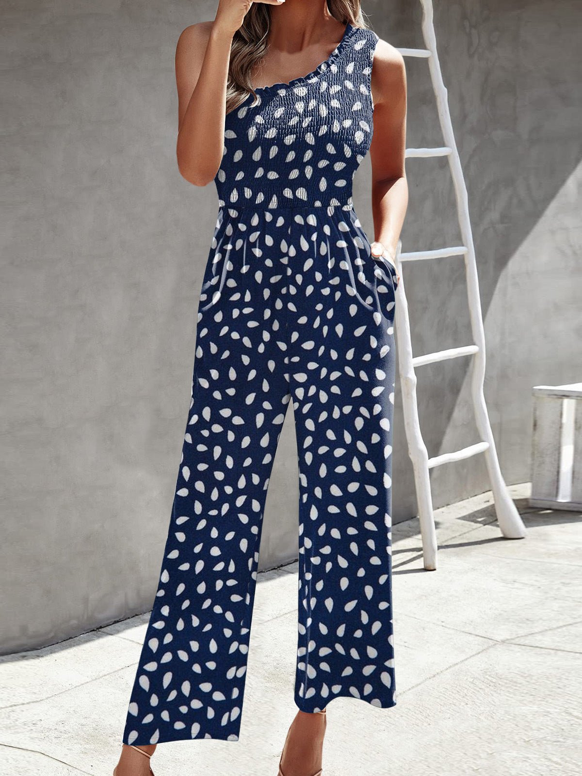 Damen Jumpsuit Ein Schulter Breite Bein Gedruckt Schwarz - Norvielle