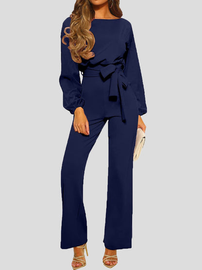 Damen Jumpsuit Einfarbig Langarm Gürtel Lässig