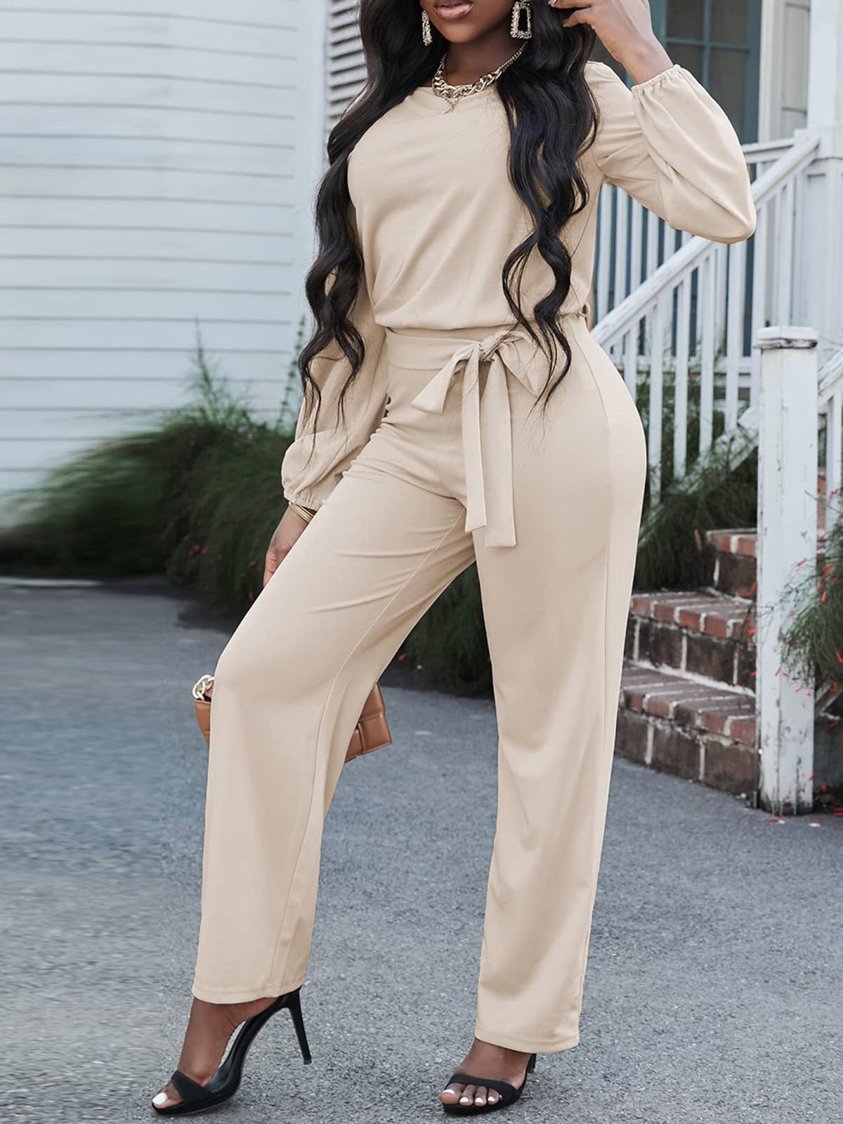 Damen Jumpsuit Einfarbig Langarm Gürtel Lässig