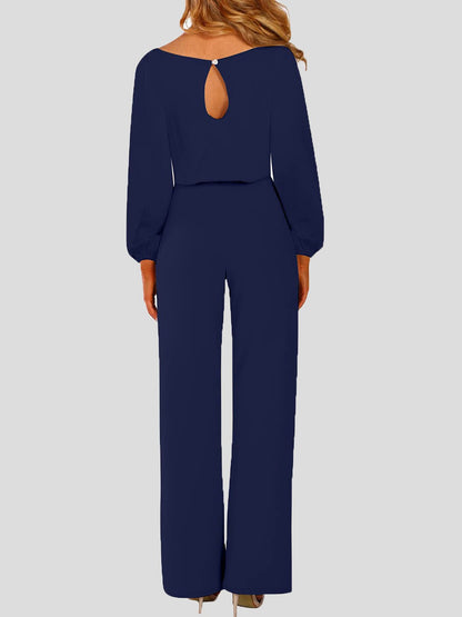 Damen Jumpsuit Einfarbig Langarm Gürtel Lässig