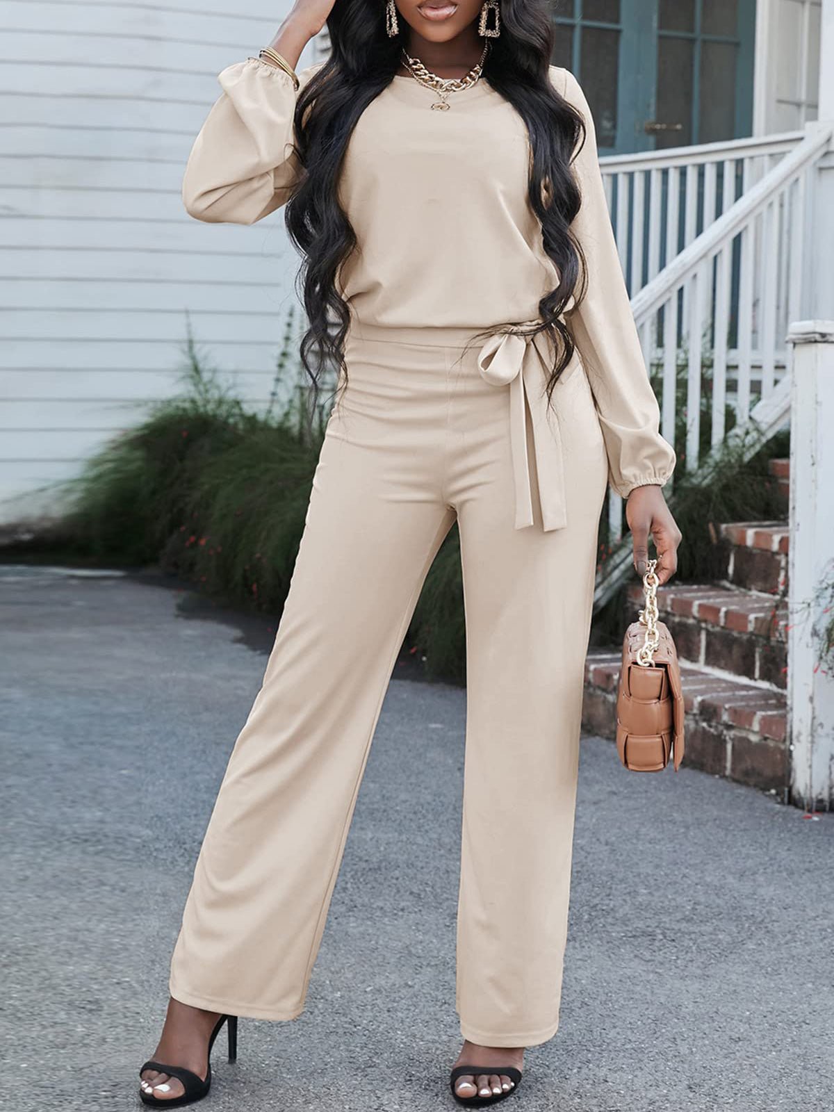 Damen Jumpsuit Einfarbig Langarm Gürtel Lässig
