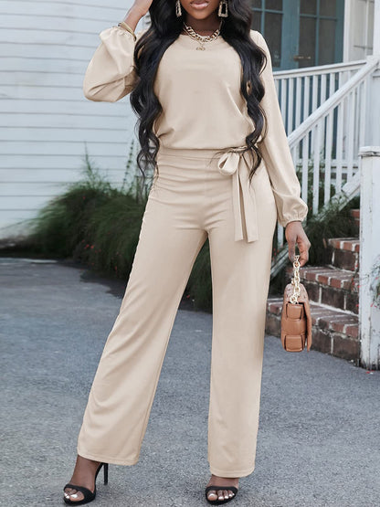 Damen Jumpsuit Einfarbig Langarm Gürtel Lässig