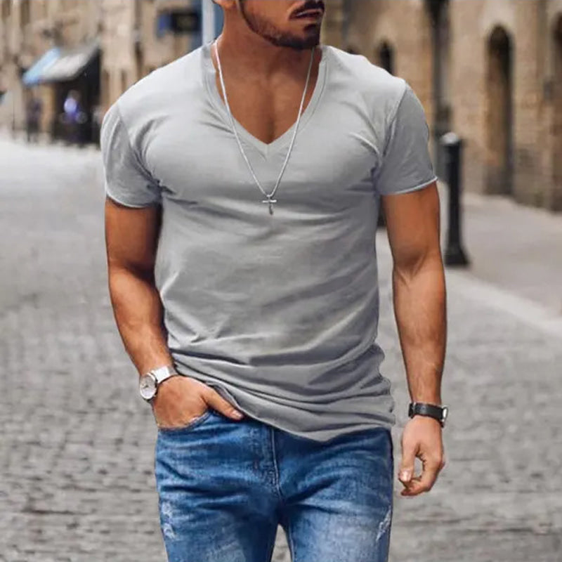 Herren T-Shirt V-Ausschnitt Baumwolle Weiß