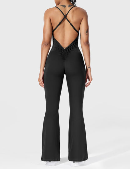 Serafina Damen Flare Jumpsuit Rückenfrei Verstellbare Träger