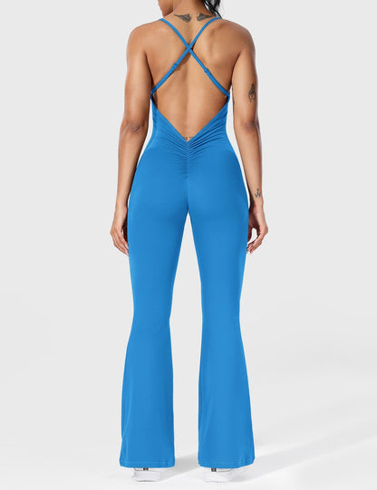 Serafina Damen Flare Jumpsuit Rückenfrei Verstellbare Träger