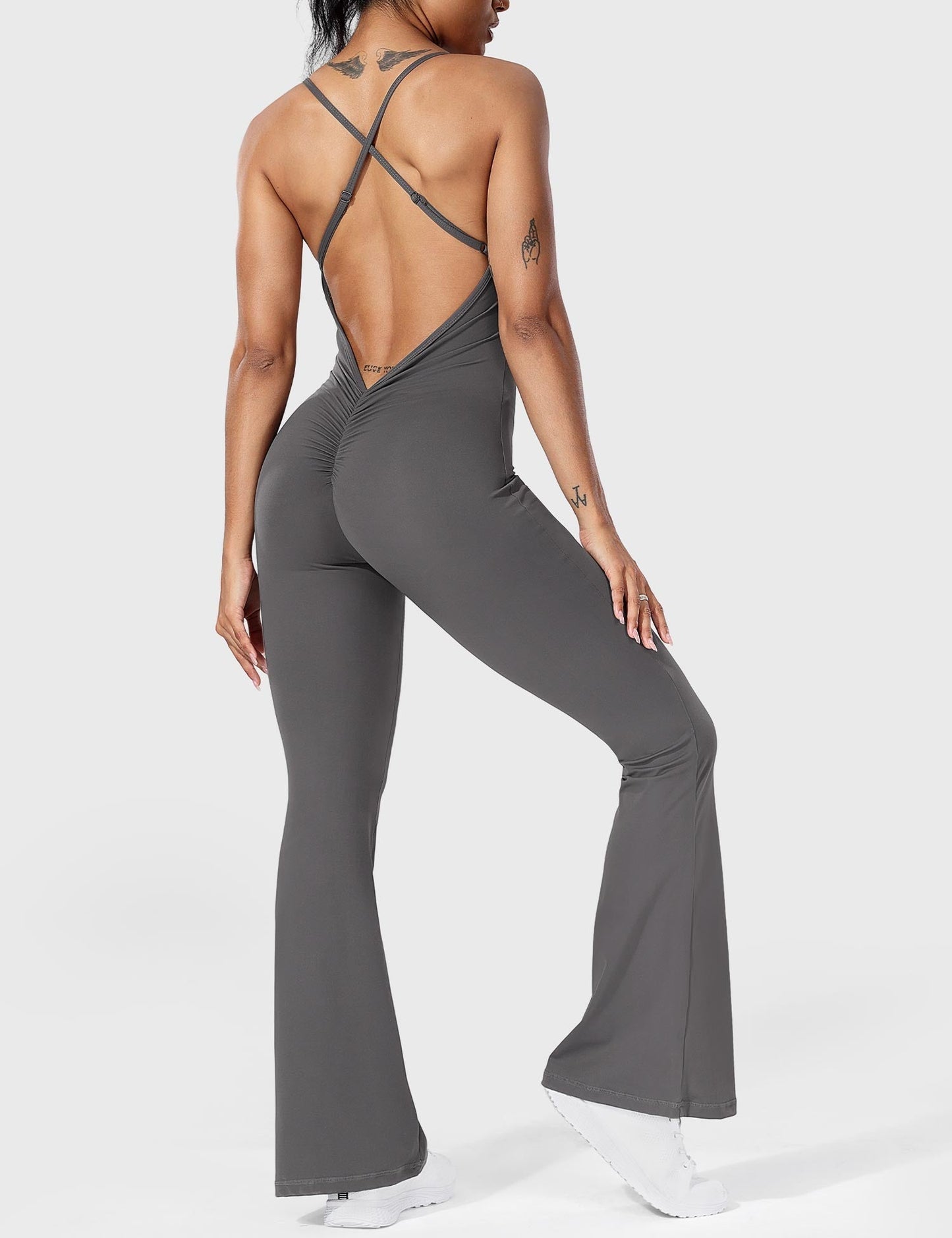 Serafina Damen Flare Jumpsuit Rückenfrei Verstellbare Träger