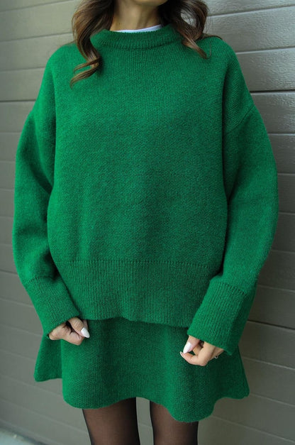 Damen Strickpullover Minirock Set Weich Beige