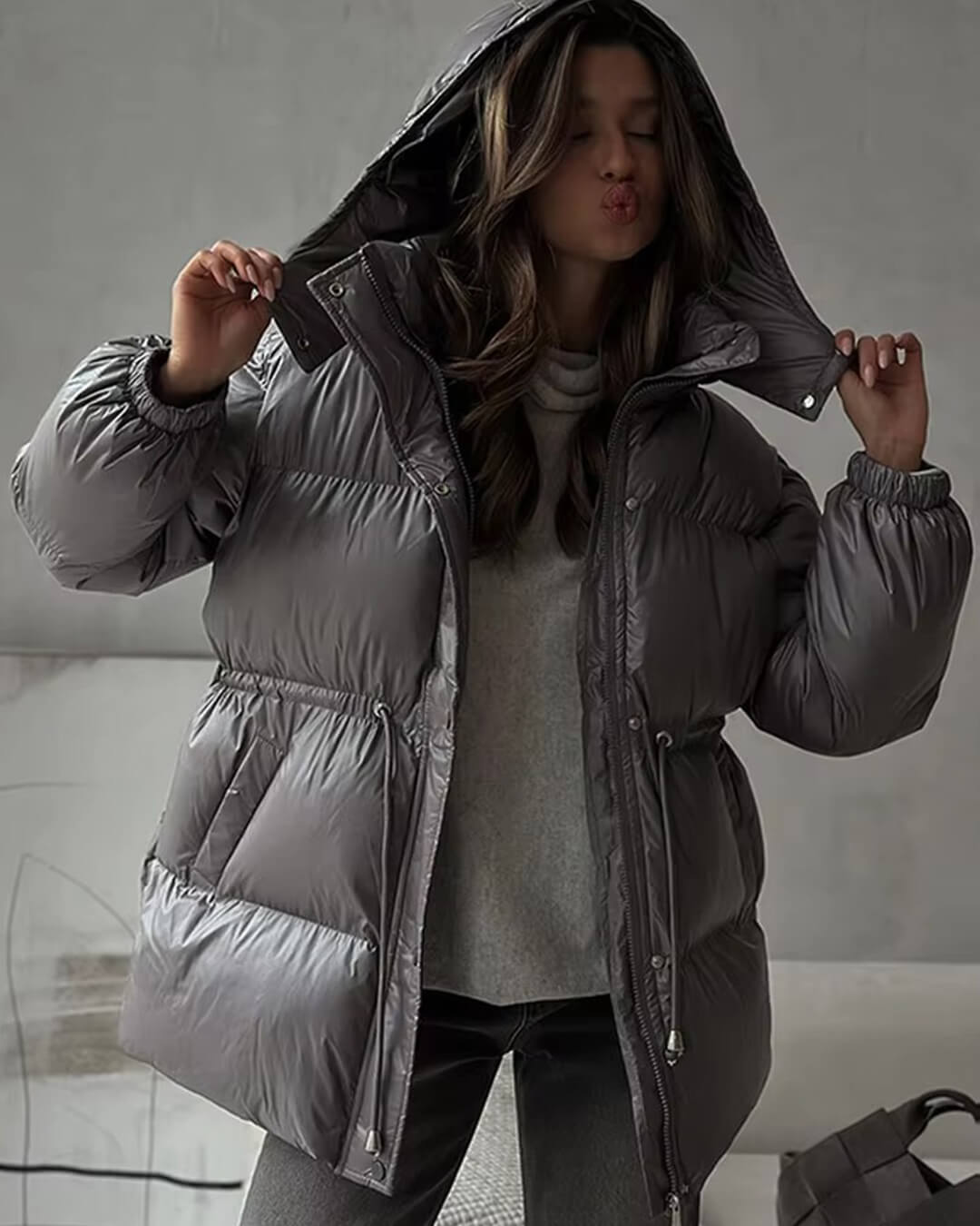 Damen Winter-Steppjacke Kordelzug Glanzfinish