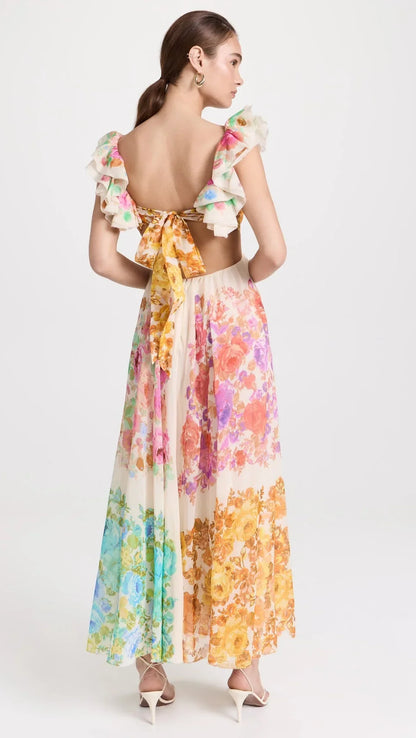 Damen Maxikleid Blumenmuster V-Ausschnitt Rüschen-Träger