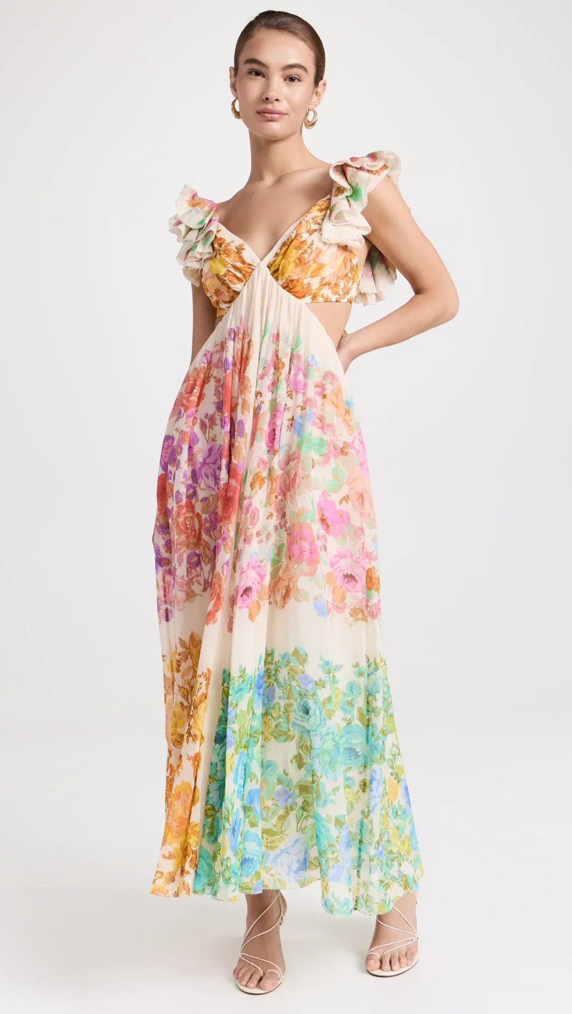 Damen Maxikleid Blumenmuster V-Ausschnitt Rüschen-Träger - Norvielle