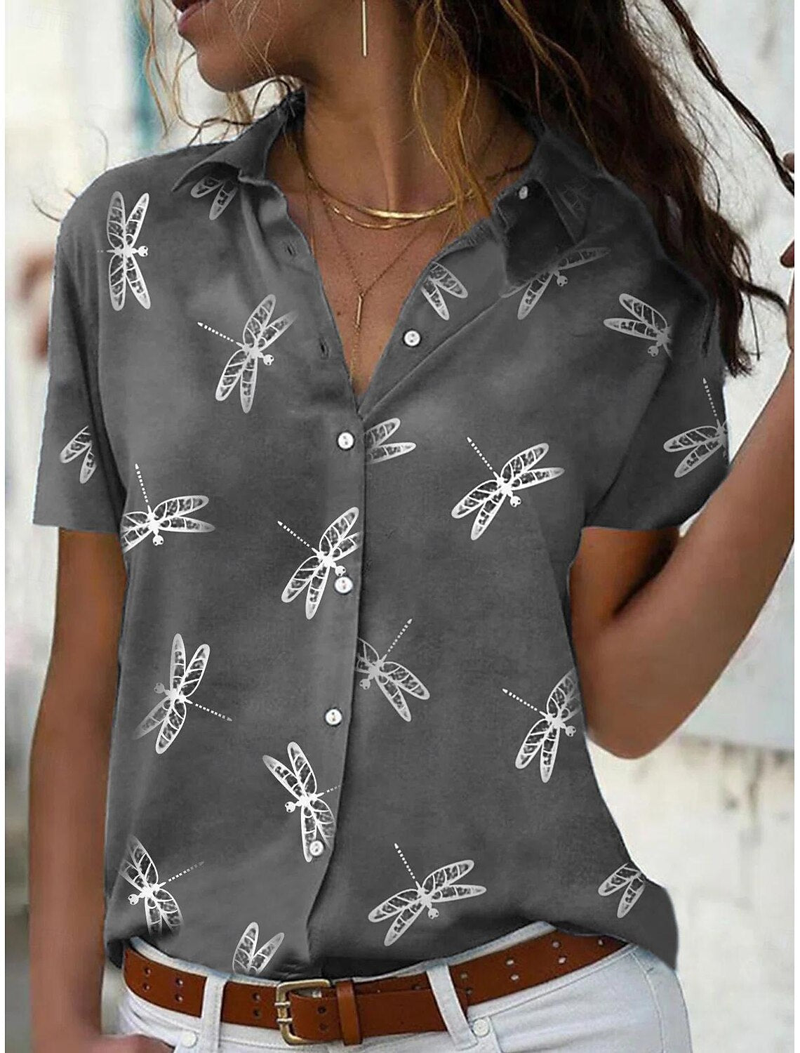 Damen Sommerbluse Leichtes Libellen-Print Hemd mit Knopfleiste Weiß
