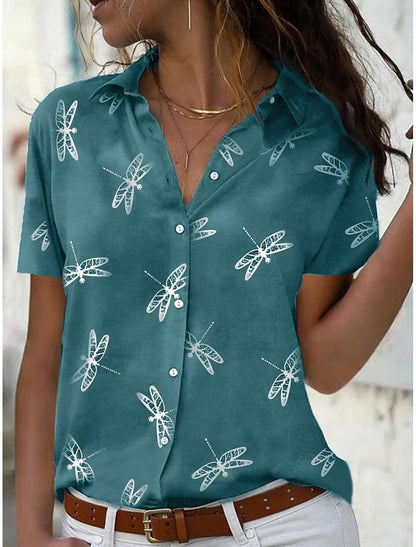 Damen Sommerbluse Leichtes Libellen-Print Hemd mit Knopfleiste Weiß