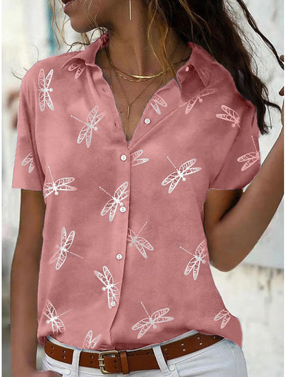 Damen Sommerbluse Leichtes Libellen-Print Hemd mit Knopfleiste Weiß - Norvielle