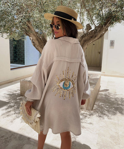Damen Oversize Bluse aus Musselin mit Glitzerdetail Beige - Norvielle