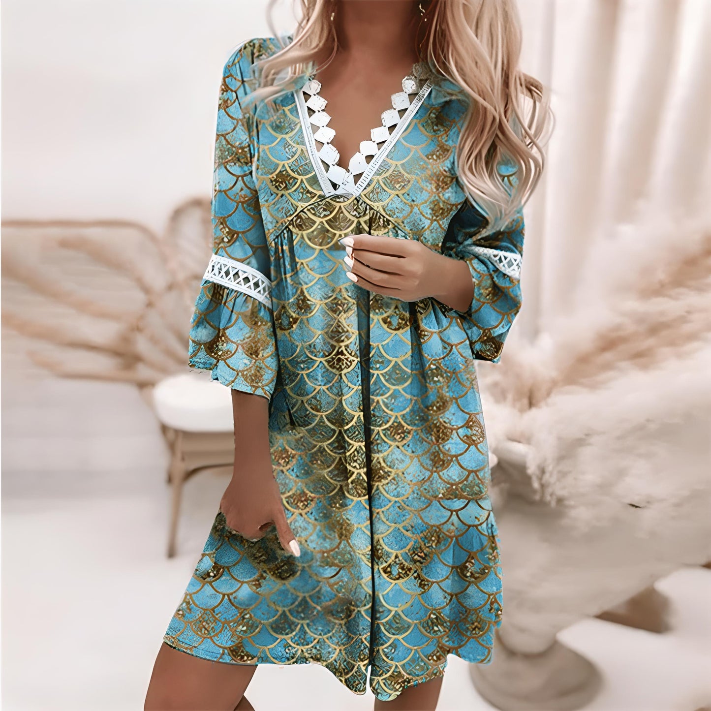 Damen Sommerkleid V-Ausschnitt Spitze Langes Ärmel Minikleid