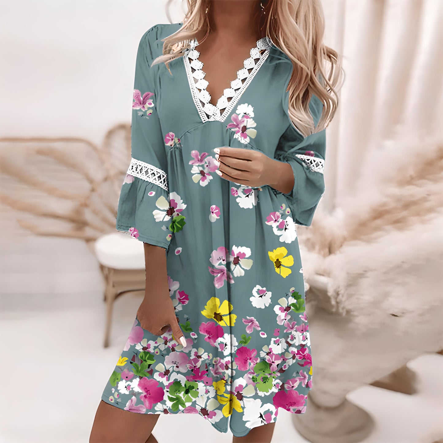 Damen Sommerkleid V-Ausschnitt Spitze Langes Ärmel Minikleid